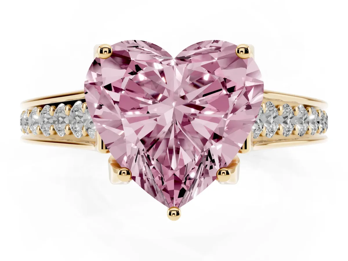 Fancy Pink Heart Cut Brilliant Cut Diamond Engagement Ring with Pavé Band and Four-Prong Setting Yellow gold