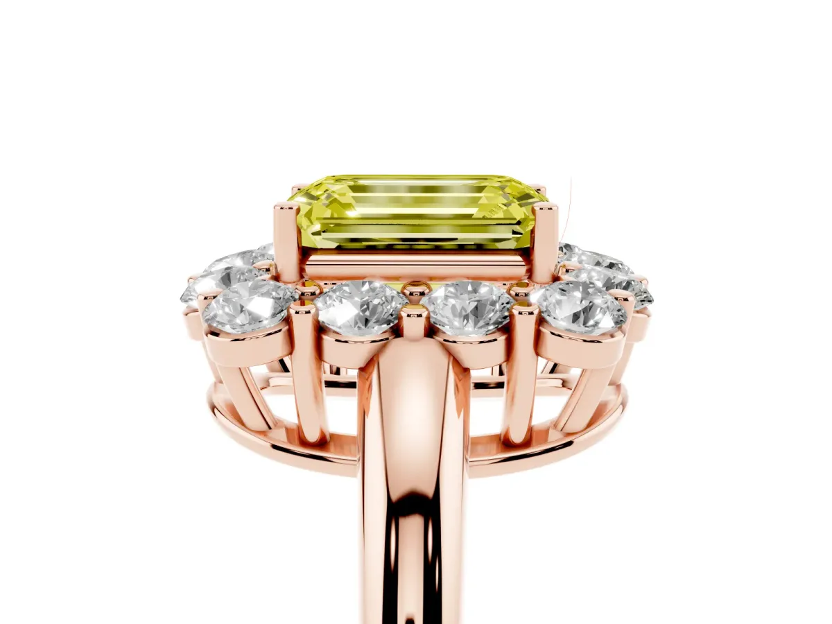 Fancy Yellow Emerald Cut Halo Cluster Diamond Engagement Ring with Prong Setting and Polished Band Rose gold
