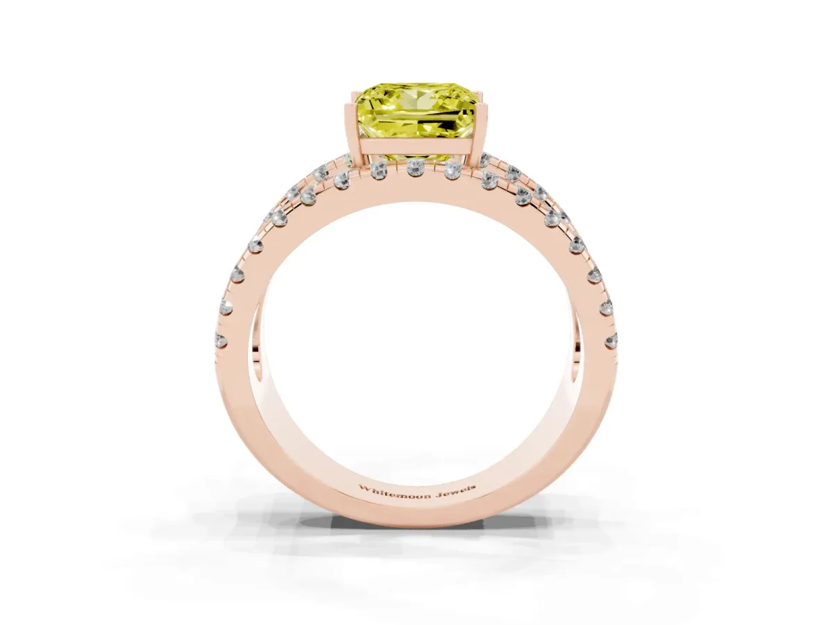 Fancy Yellow Princess Cut Solitaire Split Shank Pave Diamond Ring Rose gold