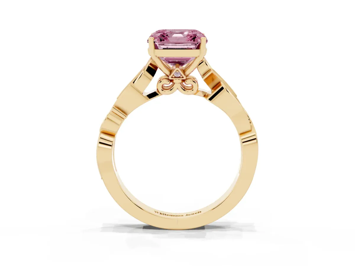 Fancy Pink Asscher Cut Solitaire Vine Band with Milgrain Prong Setting Yellow gold