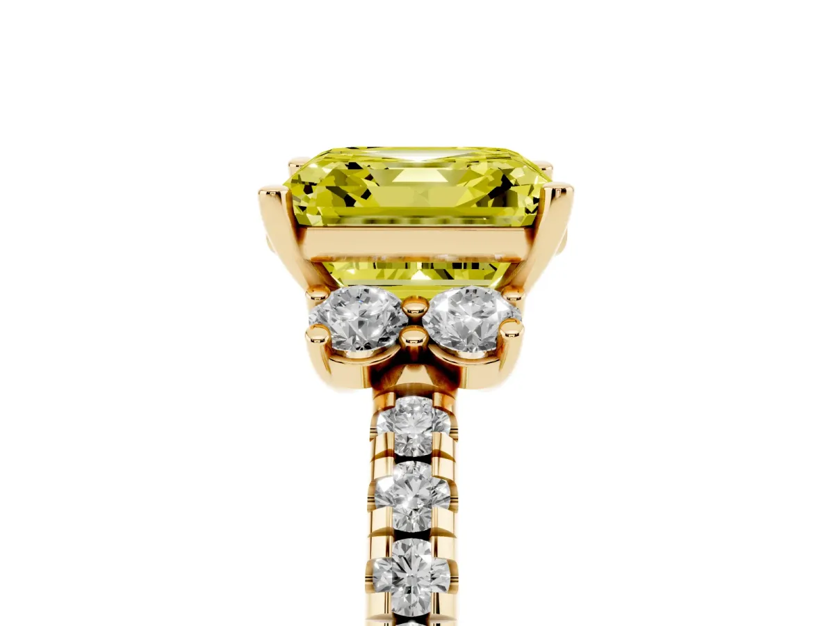 Fancy Yellow Asscher Cut Diamond Three-Stone Pave Band with Four-Prong Setting Yellow gold