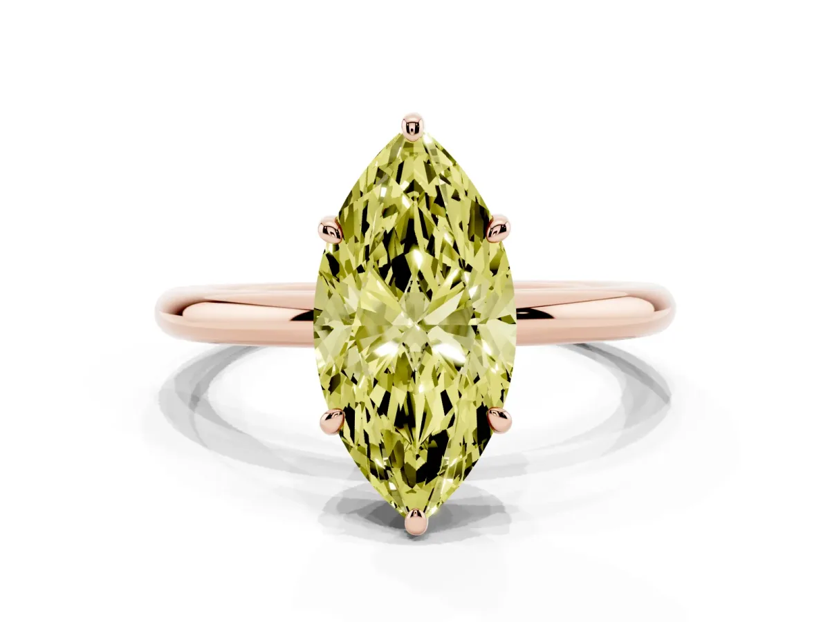 Fancy Yellow Oval Cut Solitaire Diamond Ring with Four-Prong Setting on a Plain Band Rose gold