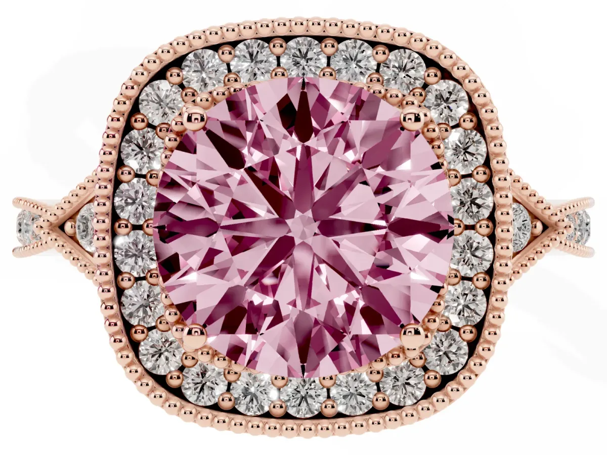 Fancy Pink Round Cut Halo Round Diamond Milgrain Pave Engagement Ring Rose gold
