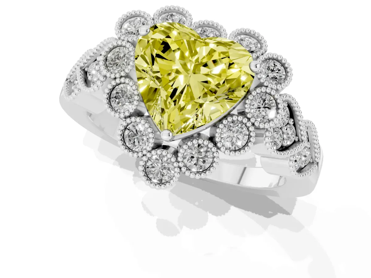 Fancy Yellow Heart Cut Brilliant Milgrain Pave Heart Band Solitaire Ring Platinum