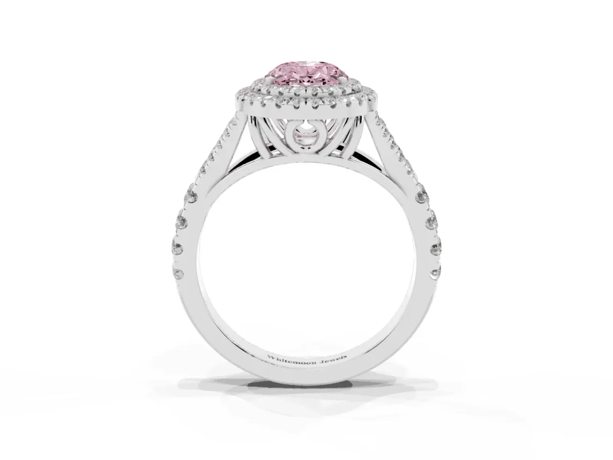 Fancy Pink Double Halo Oval Cut Diamond Split Shank Engagement Ring with Four-Prong Setting Silver