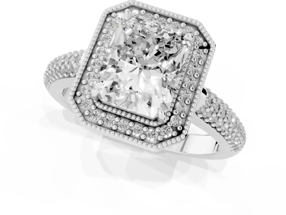 Radiant Cut Cut Halo Diamond Pave Band with Four-Prong Setting Silver