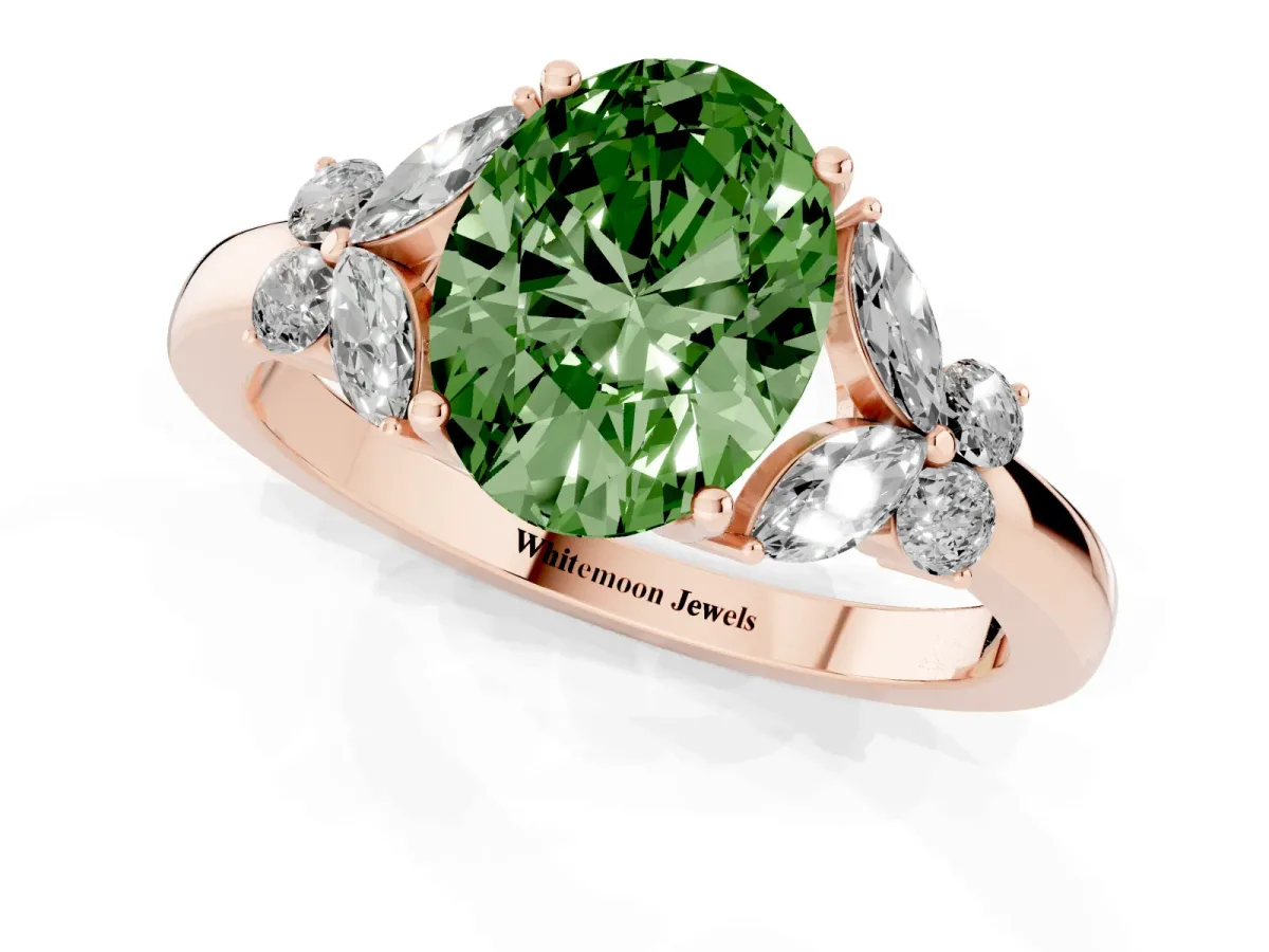 Fancy Green Oval Cut Cut Solitaire Floral Diamond Ring with Four-Prong Setting Rose gold