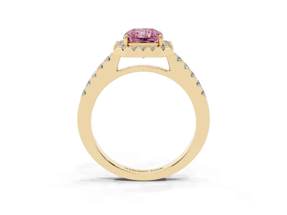 Fancy Pink Radiant Cut Halo Diamond Pavé Solitaire Ring Yellow gold