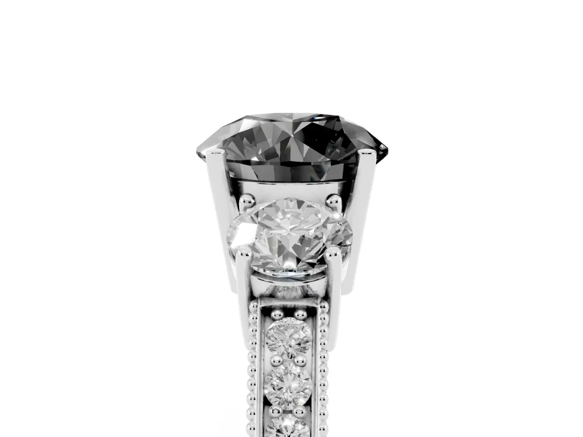 Fancy Black Round Cut Three-Stone Diamond Ring with Pavé Band and Four-Prong Setting Silver