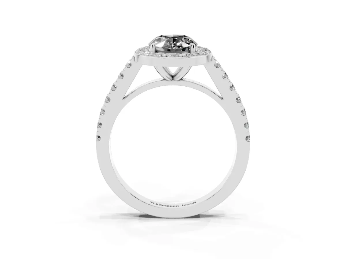 Fancy Black Oval Cut Diamond Halo Ring with Round Pavé Split Shank and Prong Setting Platinum
