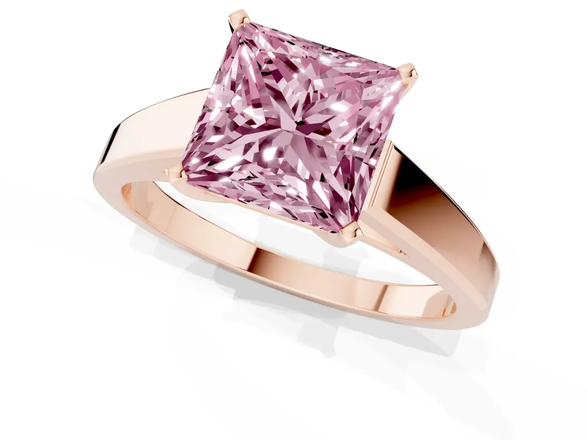 Fancy Pink Princess Cut Solitaire Engagement Ring with Four-Prong Setting and Tapered Band Rose gold