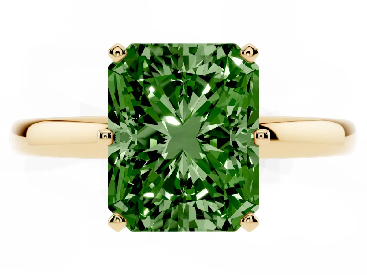 Fancy Green Radiant Cut Solitaire Diamond Ring with Six-Prong Setting on a Classic Band Yellow gold