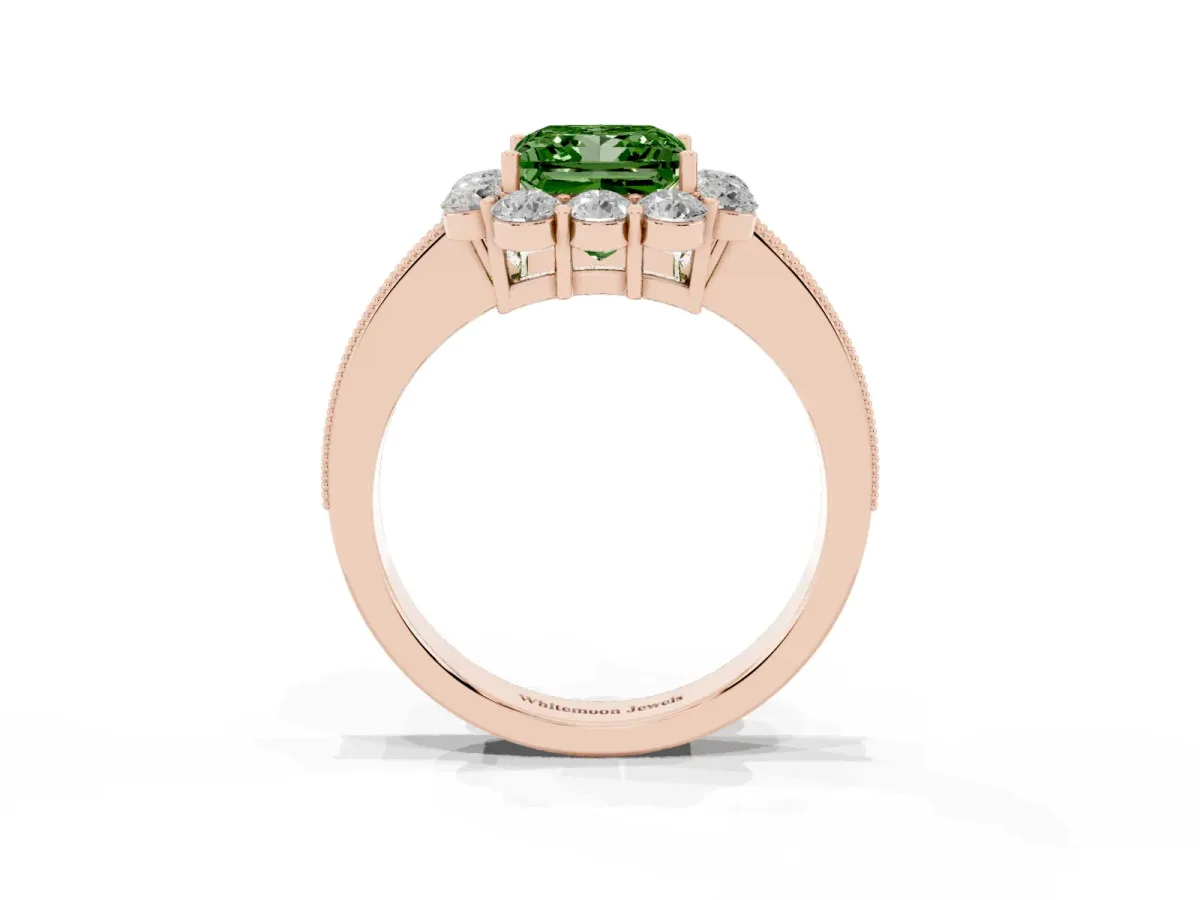 Fancy Green Princess Cut Cut Halo Diamond Pavé Engagement Ring with Milgrain Detailing Rose gold