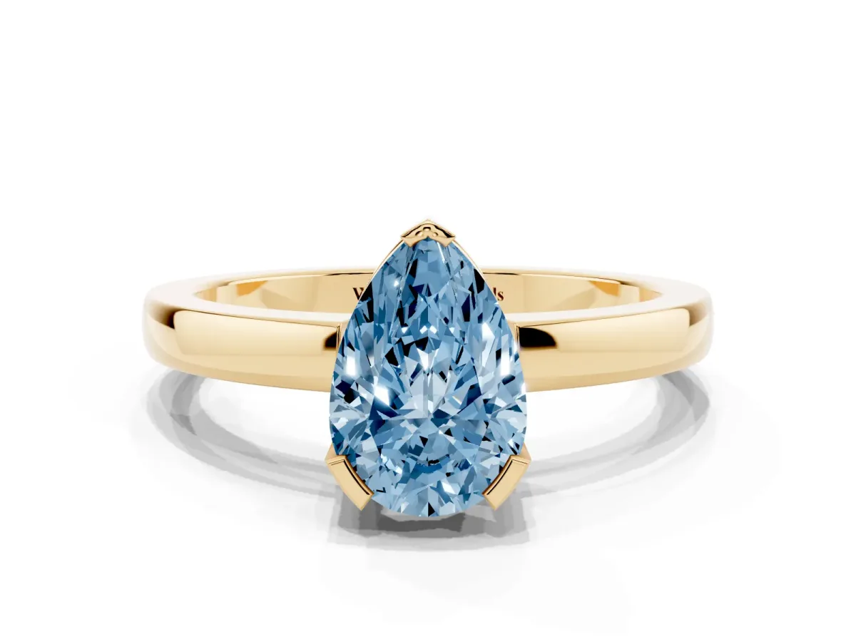 Fancy Blue Pear Cut Cut Solitaire Ring with Four-Prong Setting and Classic Band Yellow gold