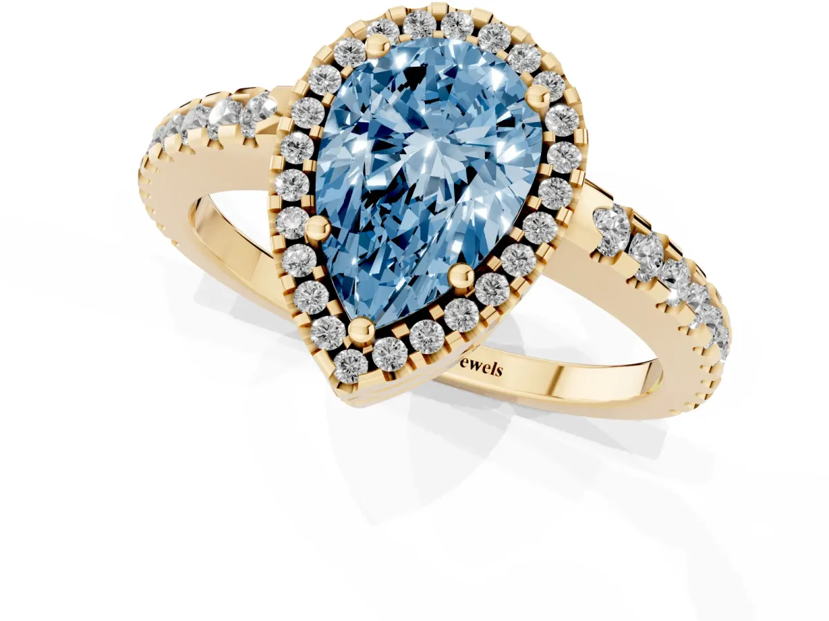 Fancy Blue Pear Cut Diamond Halo Engagement Ring with Pavé Band and Prong Setting Yellow gold