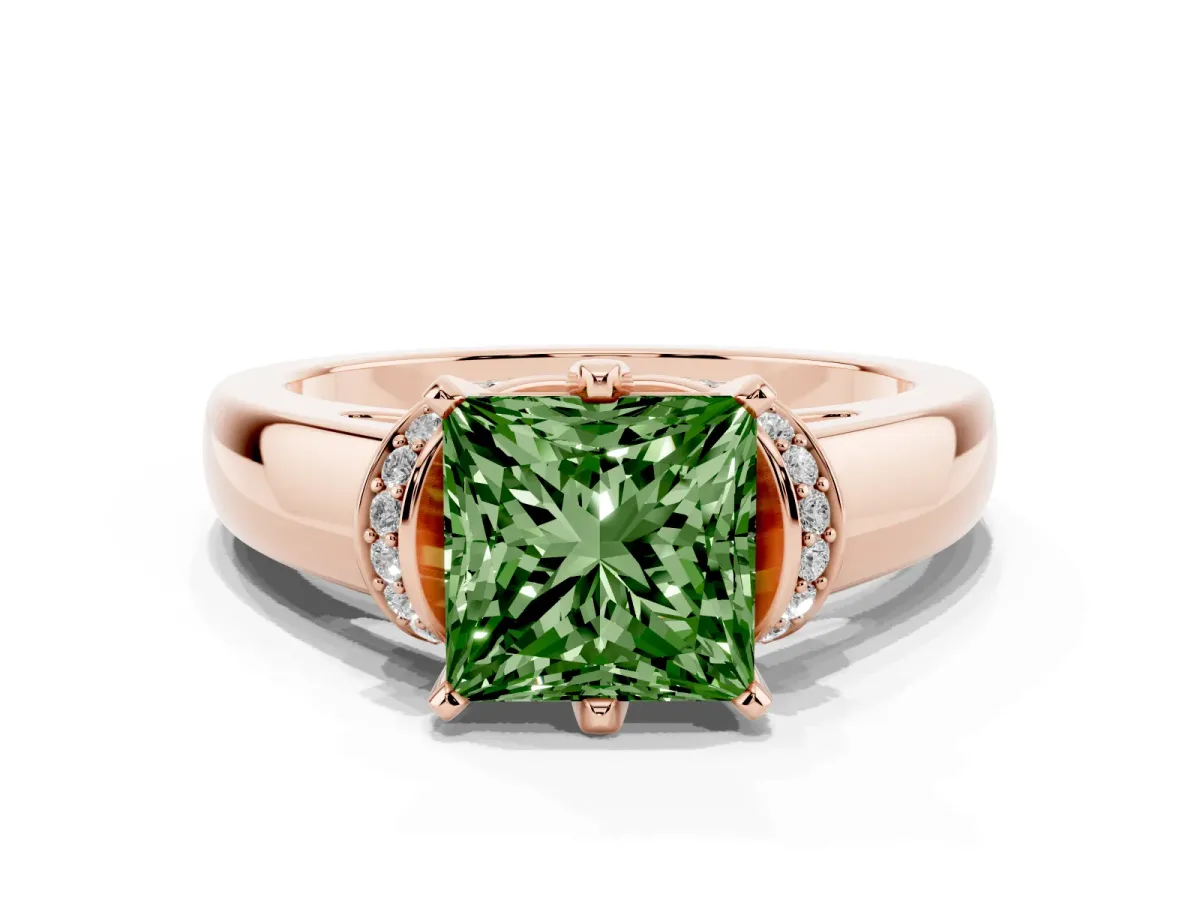 Fancy Green Princess Cut Solitaire Diamond Ring with Pave Band and Six-Prong Setting Rose gold