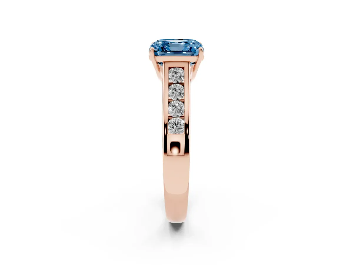 Fancy Blue Asscher Cut Brilliant Channel-Set Solitaire Ring with Four-Prong Setting Rose gold