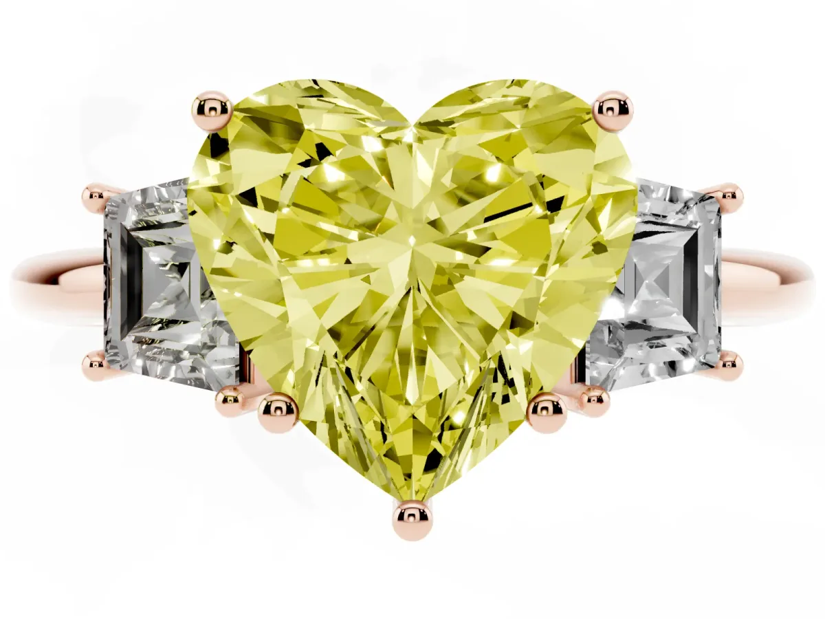 Fancy Yellow Heart Cut Diamond Three-Stone Ring with Trapezoid Side Stones and Prong Setting Rose gold