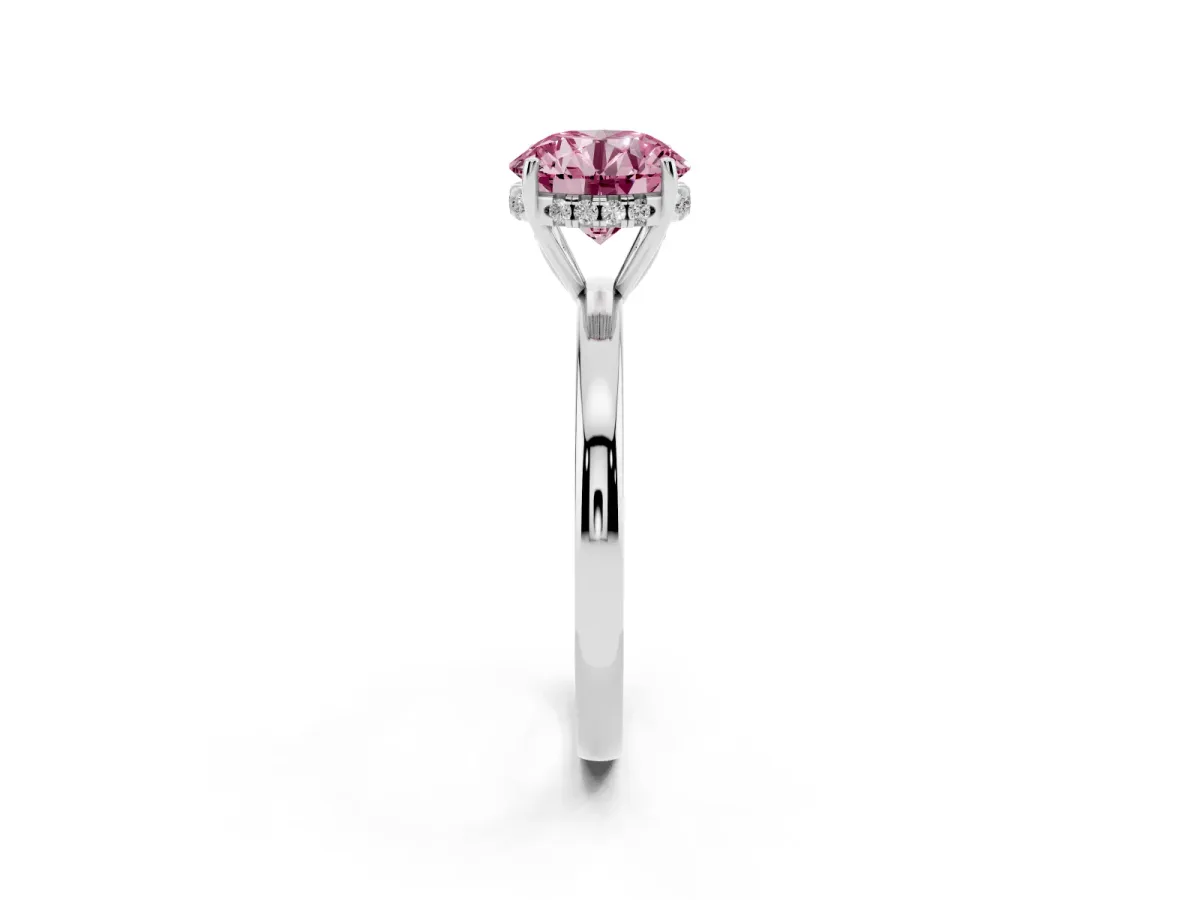Fancy Pink Round Cut Solitaire Diamond Ring with Prong Setting and Plain Band Silver