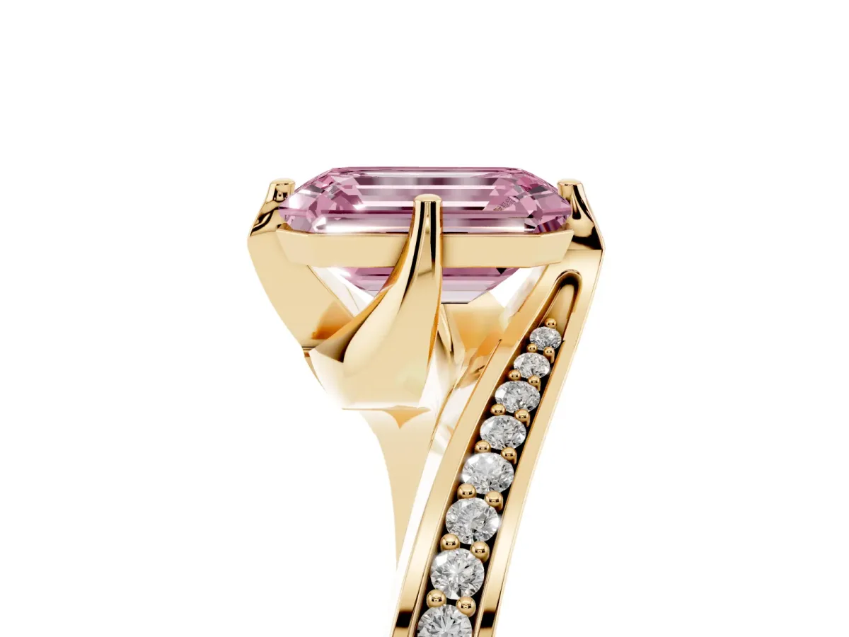 Fancy Pink Emerald Cut Solitaire Diamond Twist Band with Pavé Setting and Four-Prong Setting Yellow gold