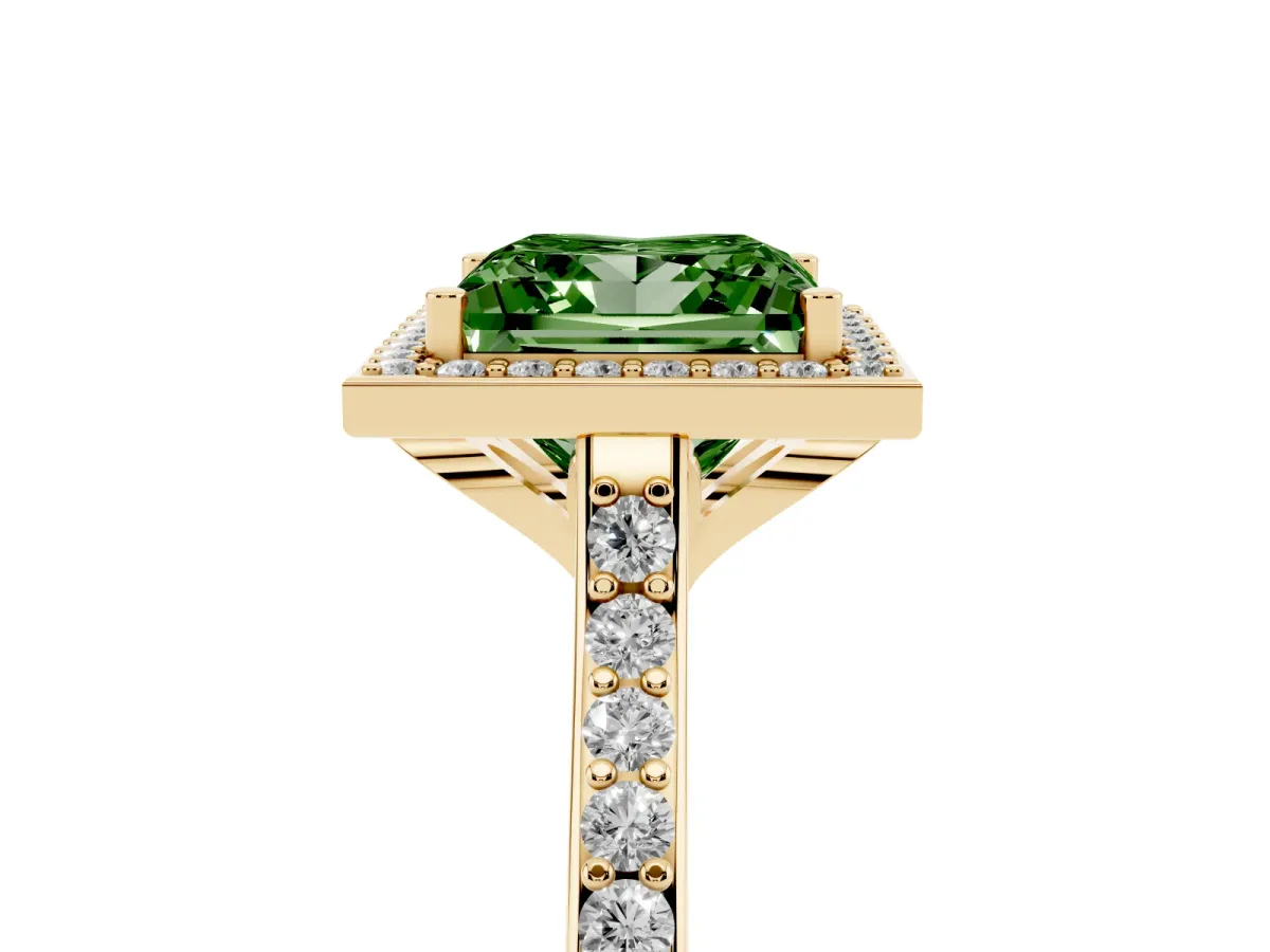 Fancy Green Princess Cut Diamond Halo Engagement Ring with Round Pavé Shoulders and Prong Setting Yellow gold