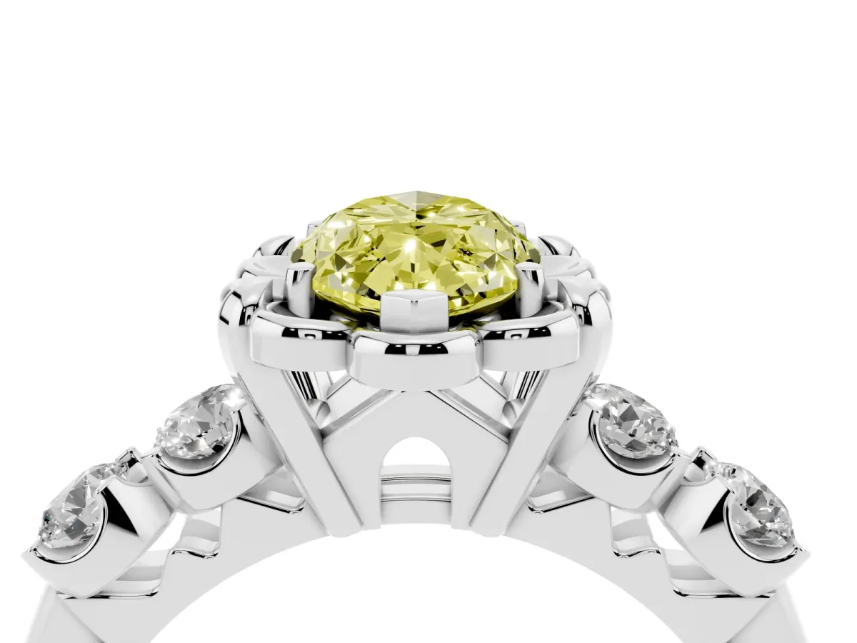 Fancy Yellow Marquise Cut Cut Diamond Floral Halo Engagement Ring with Shared Prong Setting White gold