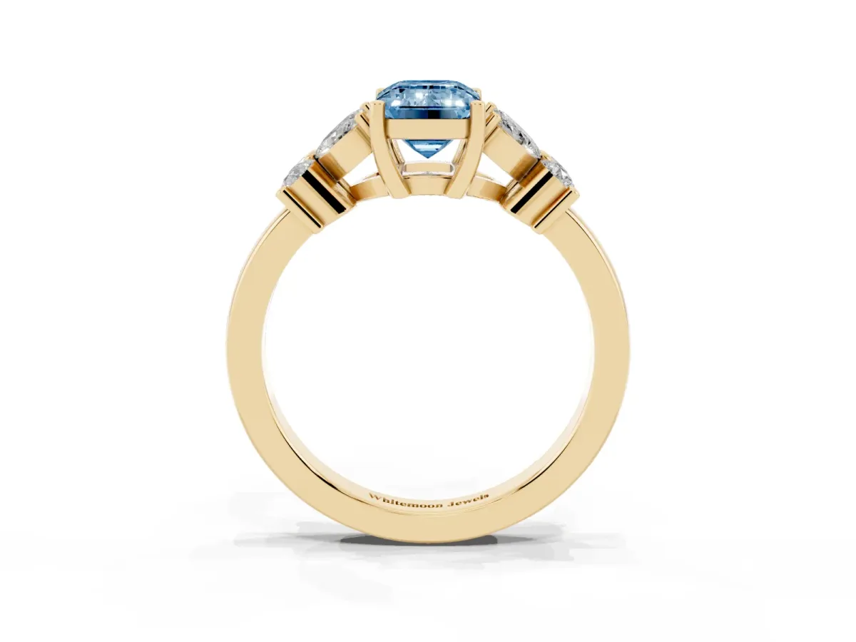 Fancy Blue Emerald Cut Diamond Floral Cluster Ring with Solitaire Band and Prong Setting Yellow gold