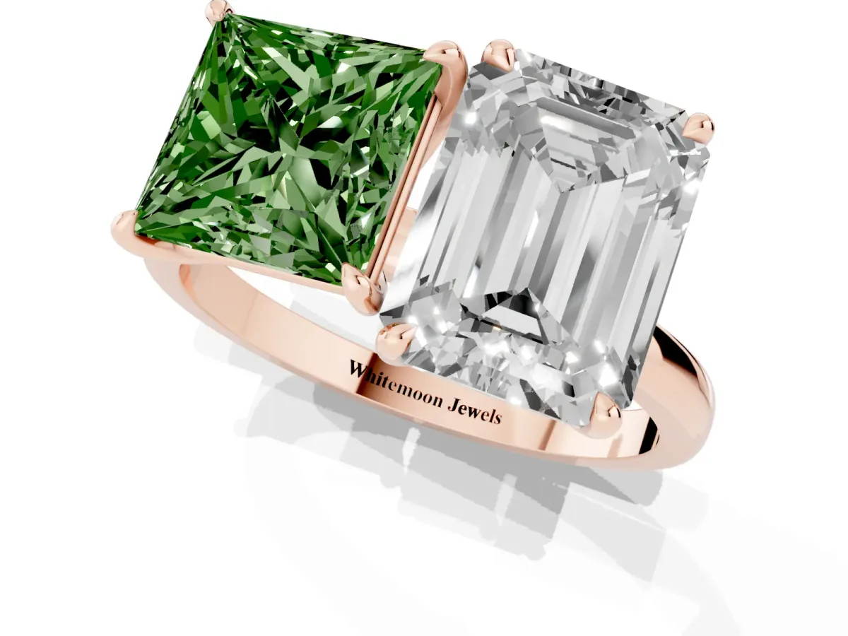 Fancy Green Princess Cut and Emerald Cut Toi Moi Ring with Prong Setting Rose gold