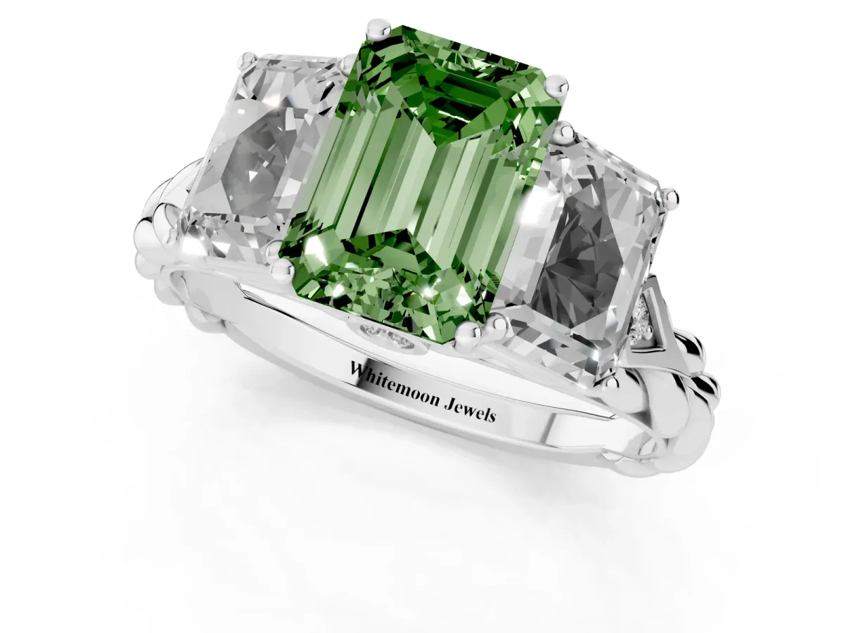 Fancy Green Three-Stone Emerald Cut Diamond Braided Band Ring with Four-Prong Setting Platinum