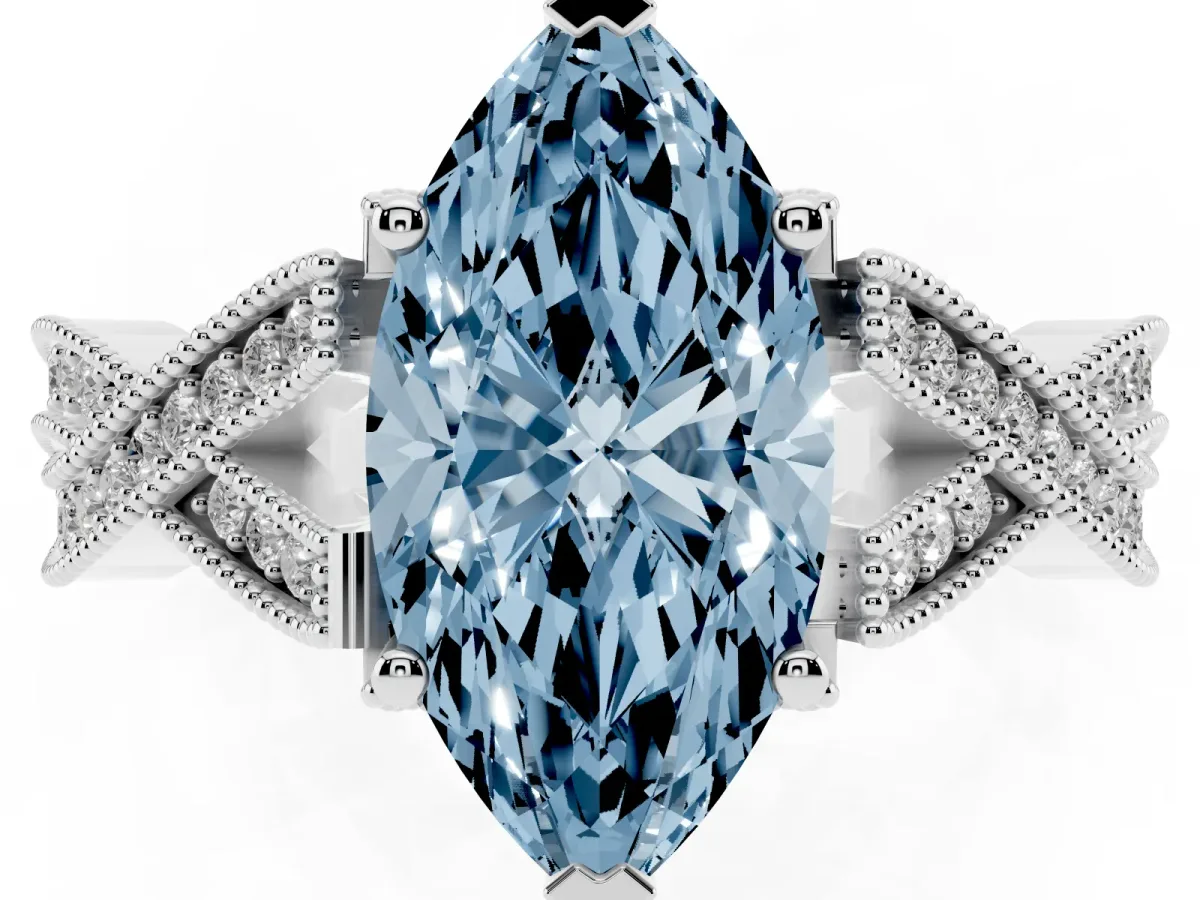 Fancy Blue Marquise Cut Cut Diamond Twisted Band with Milgrain Pave Setting and Four-Prong Setting Silver