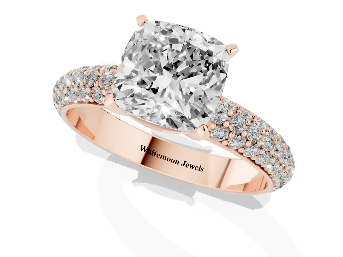 Cushion Cut Diamond Solitaire Ring with Prong Setting and Pavé Band Rose gold