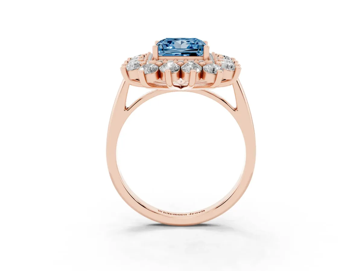 Fancy Blue Princess Cut Diamond Floral Double Halo Engagement Ring with Prong Setting Rose gold