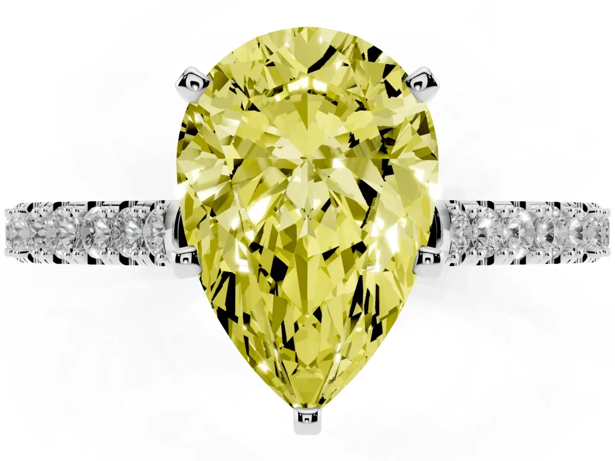 Fancy Yellow Pear Cut Cut Solitaire Diamond Engagement Ring with Pave Band and Four-Prong Setting Platinum