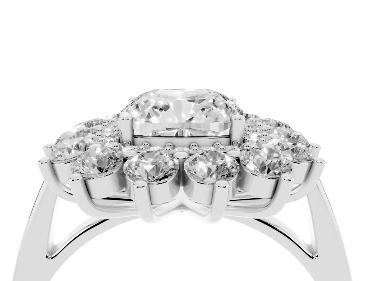 Cushion Cut Diamond Floral Double Halo Engagement Ring with Prong Setting Silver