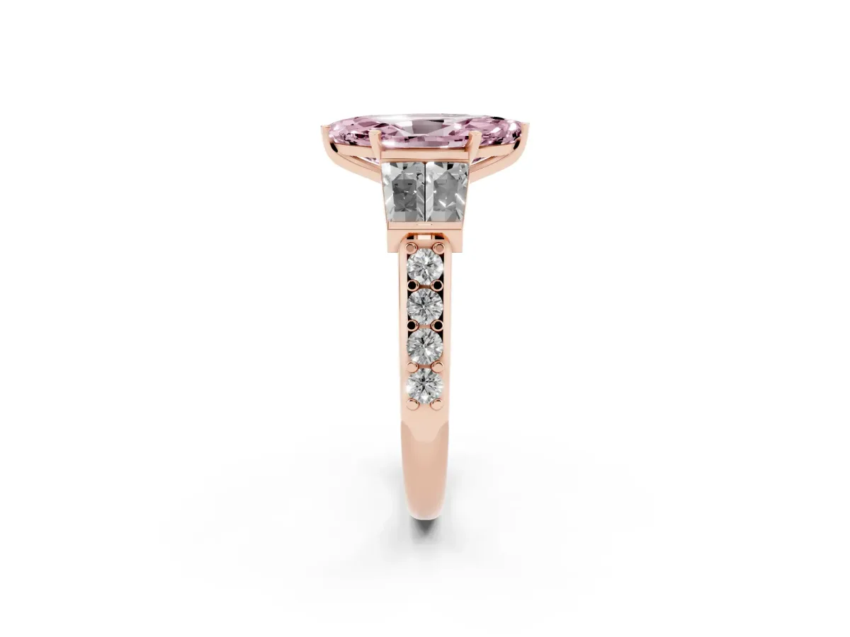 Fancy Pink Marquise Cut Diamond Engagement Ring with Baguette Side Stones and Channel Set Band Rose gold