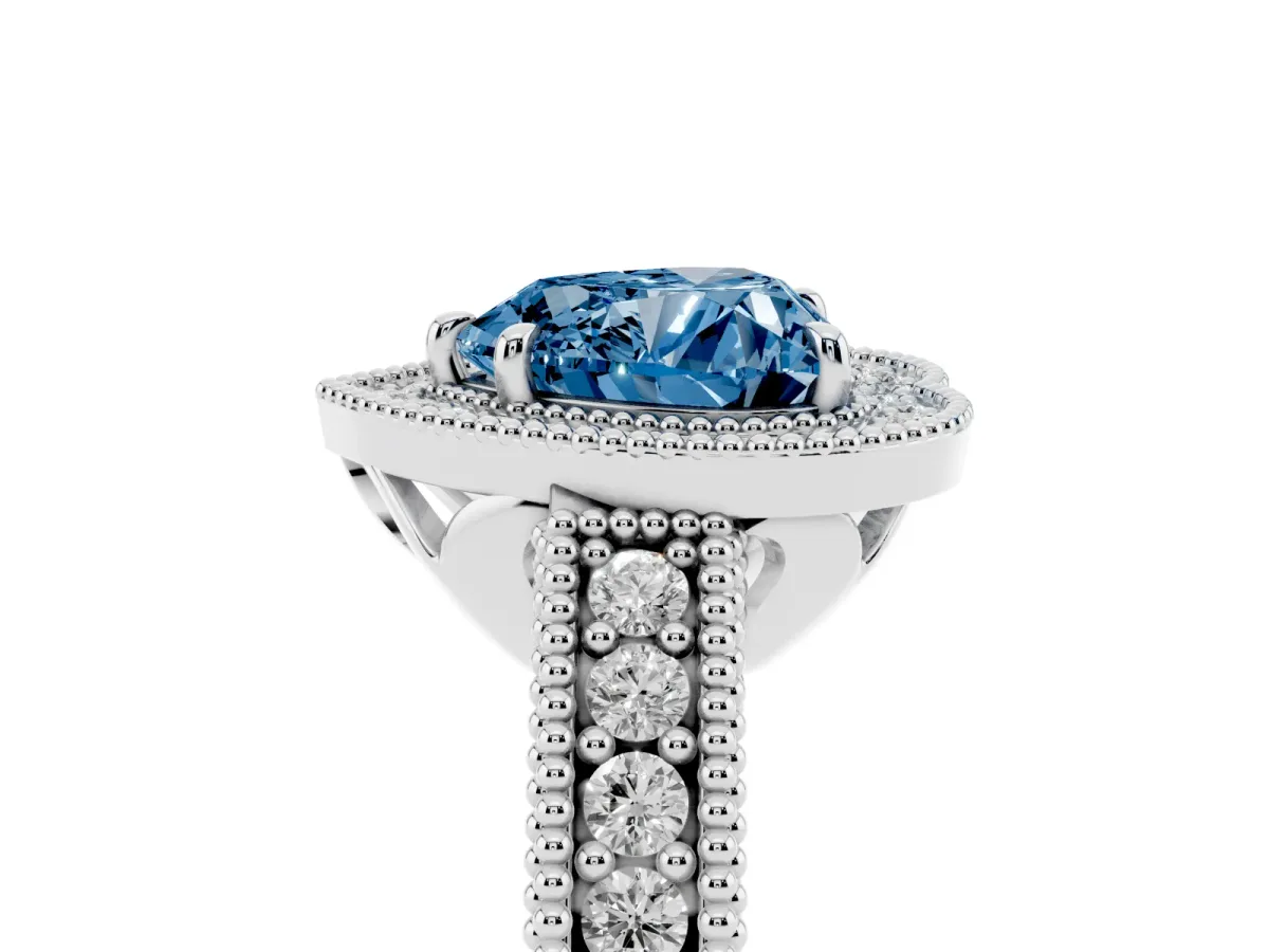 Fancy Blue Heart Cut Cut Halo Diamond Ring with Pavé Band and Four-Prong Setting Silver
