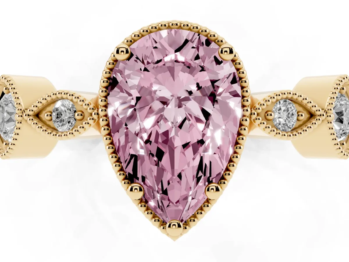 Fancy Pink Pear Cut Diamond Vintage Milgrain Ring with Round Stations Yellow gold