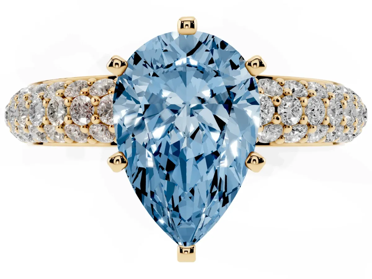 Fancy Blue Pear Cut Diamond Solitaire Ring with Prong Setting and Pavé Band Yellow gold