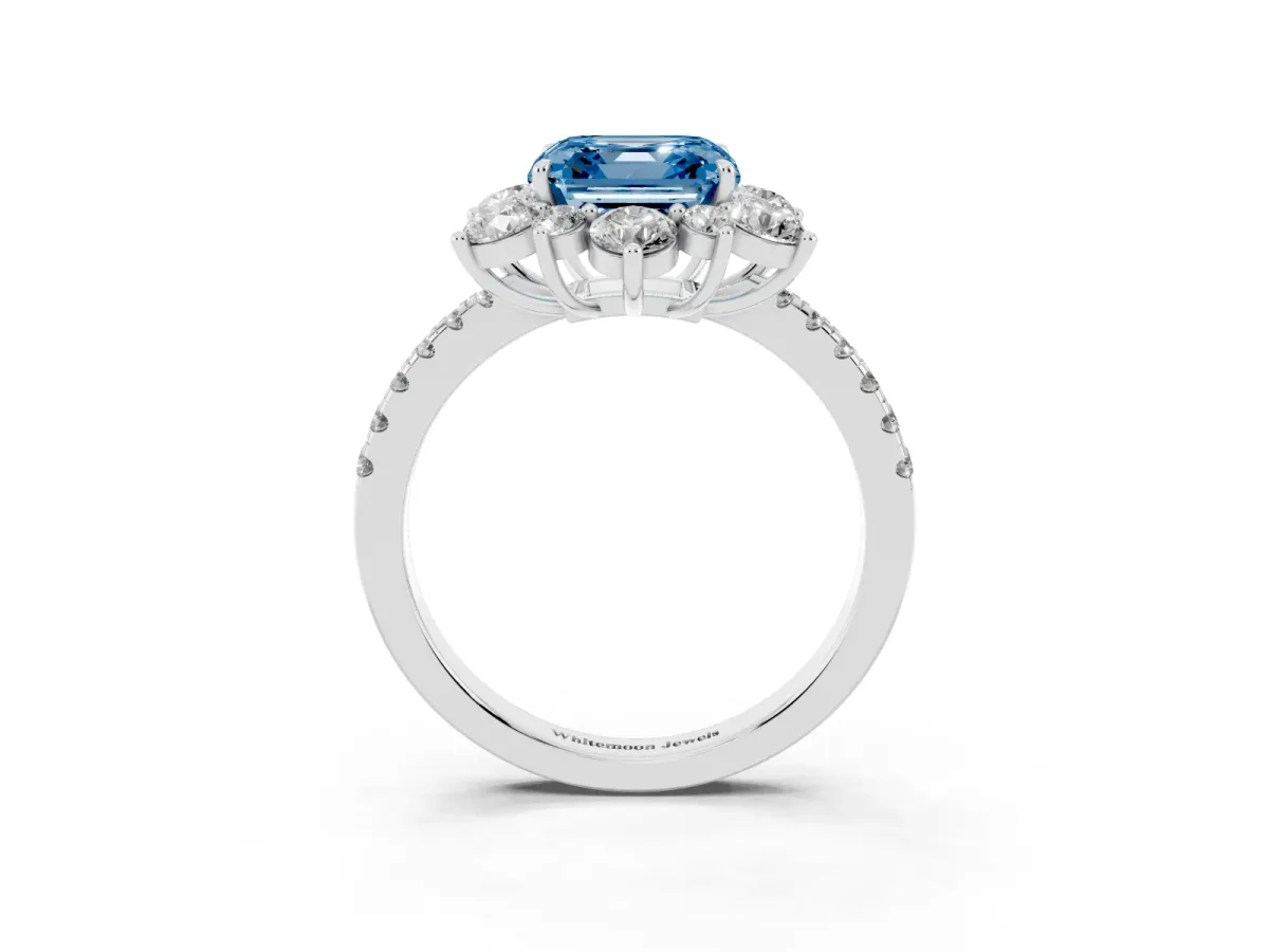 Fancy Blue Asscher Cut Diamond Floral Halo Ring with Round Pavé Band and Prong Setting Platinum