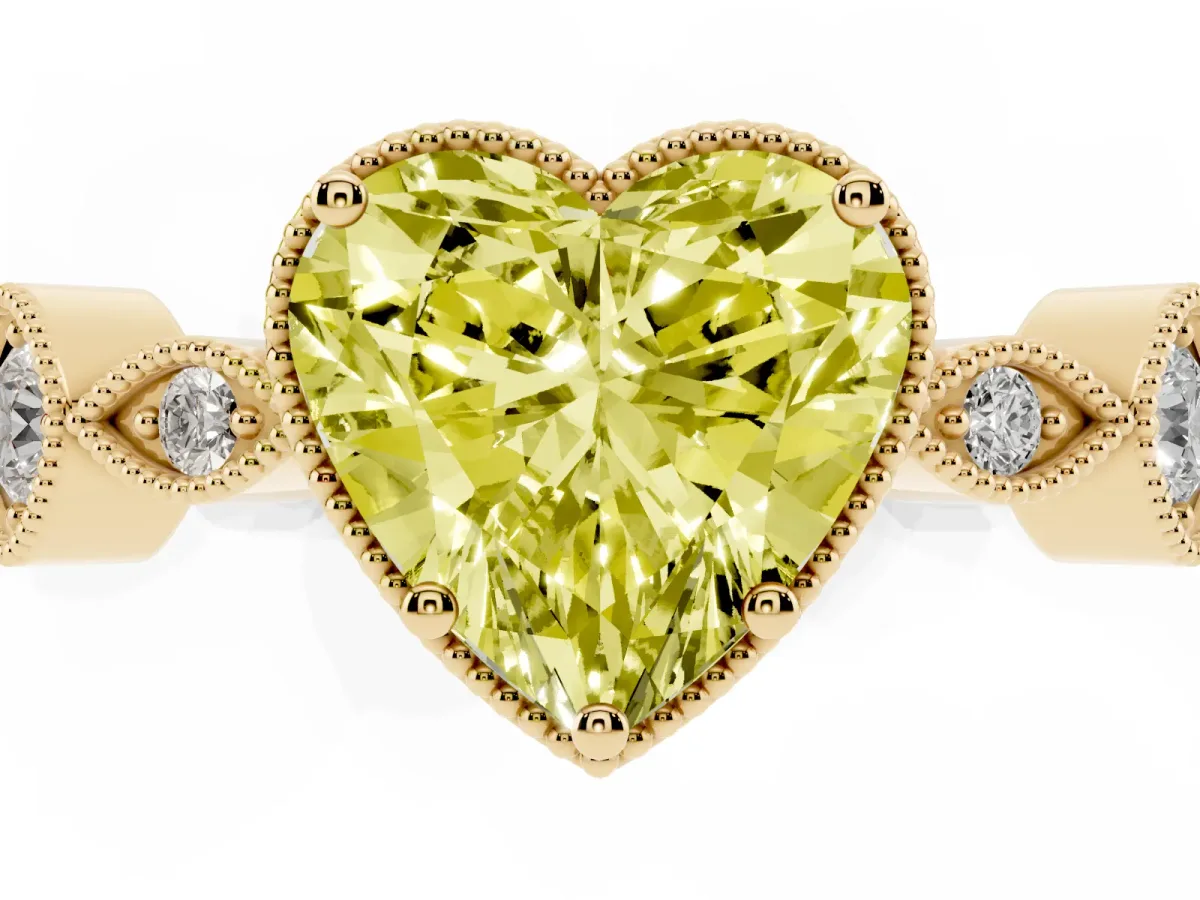 Fancy Yellow Heart Cut Diamond Vintage Milgrain Ring with Round Stations Yellow gold