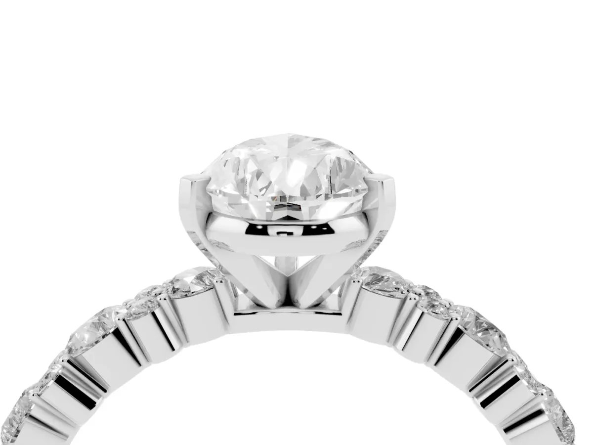 Pear Cut Diamond Side Stone Solitaire Ring with Round and Four-Prong Setting Silver