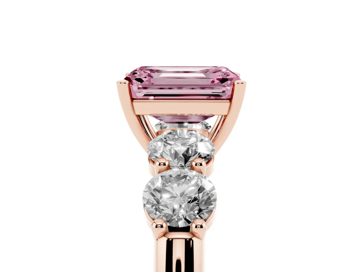 Fancy Pink Emerald Cut Cut Five-Stone Prong Set Diamond Ring with Classic Band Rose gold