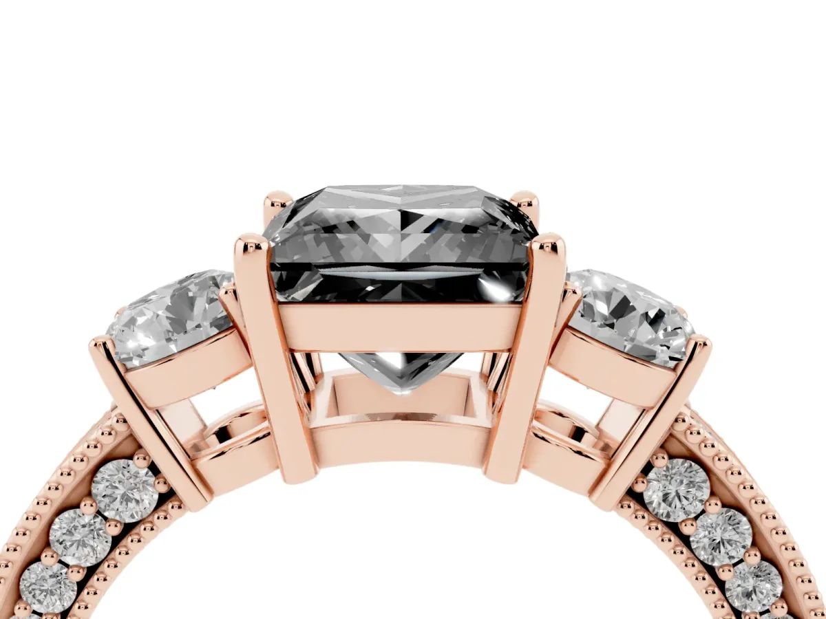 Fancy Black Princess Cut Three-Stone Diamond Ring with Pavé Band and Four-Prong Setting Rose gold