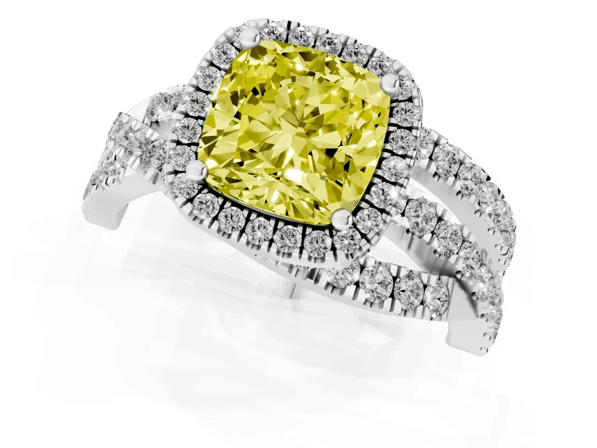 Fancy Yellow Cushion Cut Diamond Halo Ring with Round Split Shank and Prong Setting Silver