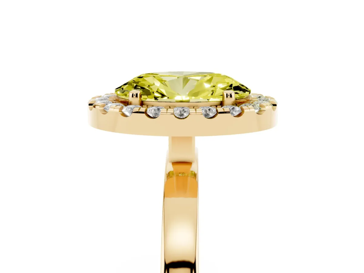 Fancy Yellow Oval Cut Halo Diamond Solitaire with Pavé Band and Four-Prong Setting Yellow gold