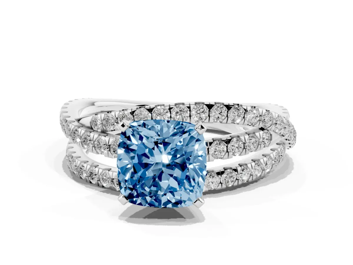 Fancy Blue Cushion Cut Solitaire Twist Band with Pavé Setting and Four-Prong Setting Silver