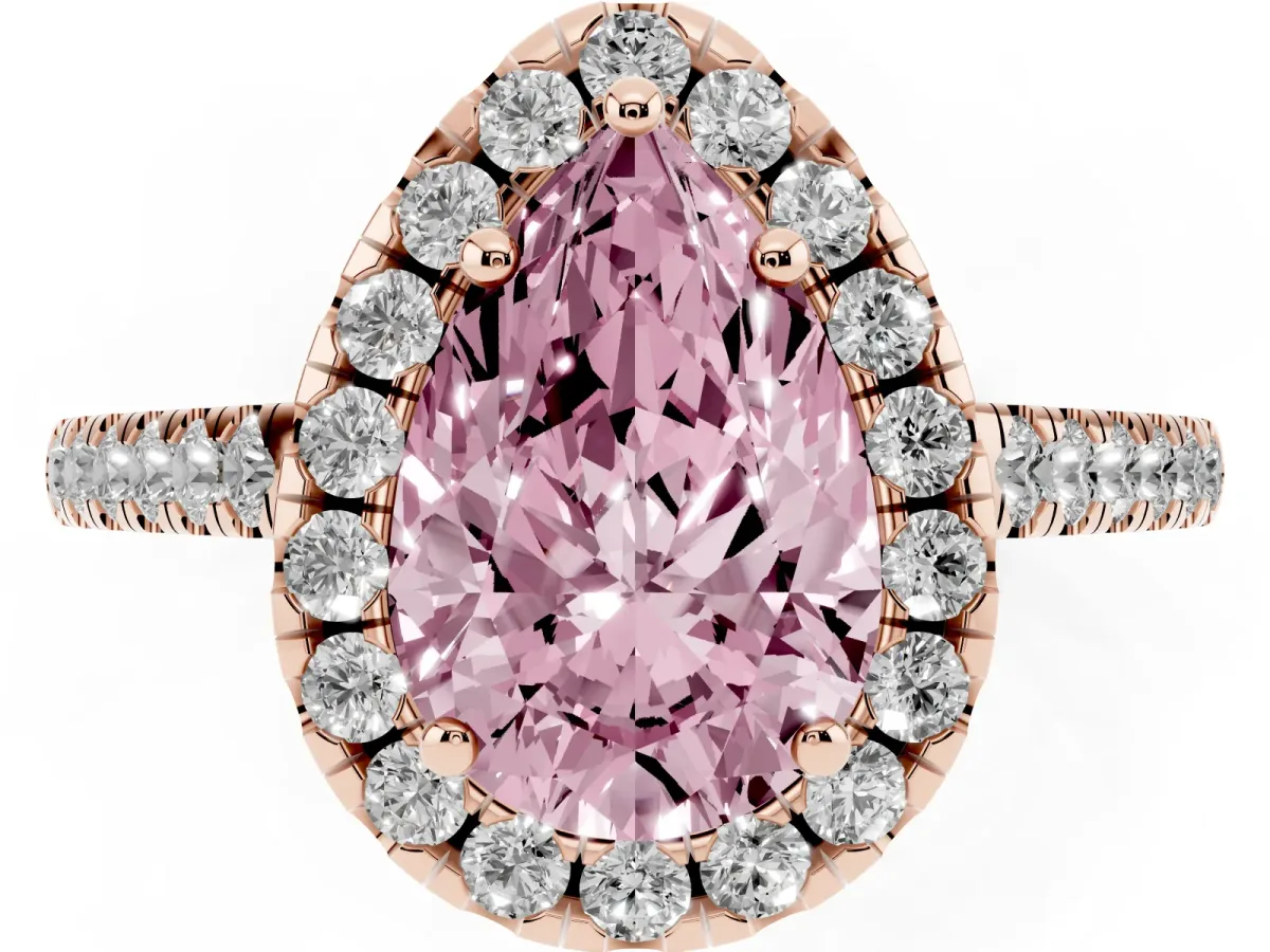 Fancy Pink Pear Cut Halo Pavé Diamond Engagement Ring with Four-Prong Setting Rose gold