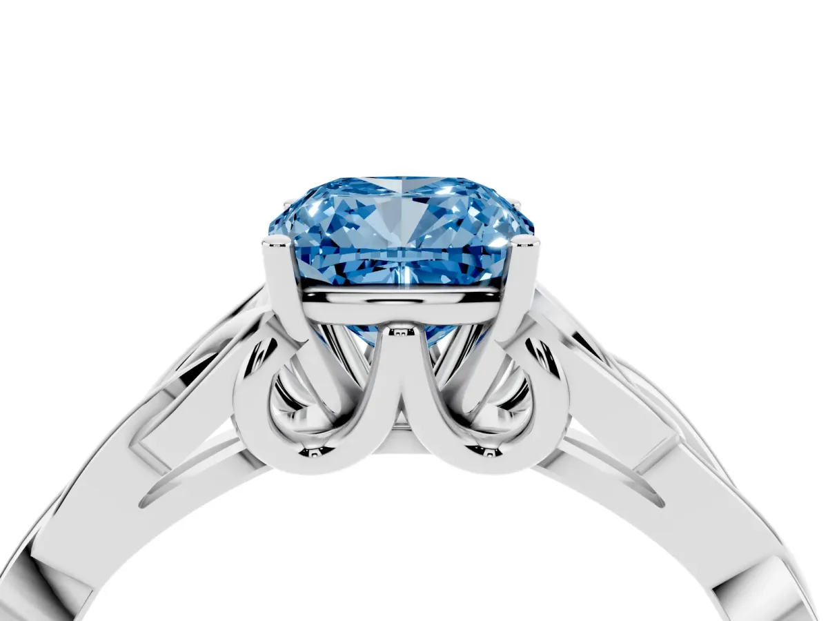 Fancy Blue Cushion Cut Diamond Solitaire Engagement Ring with Celtic Knot Band and Four-Prong Setting Silver