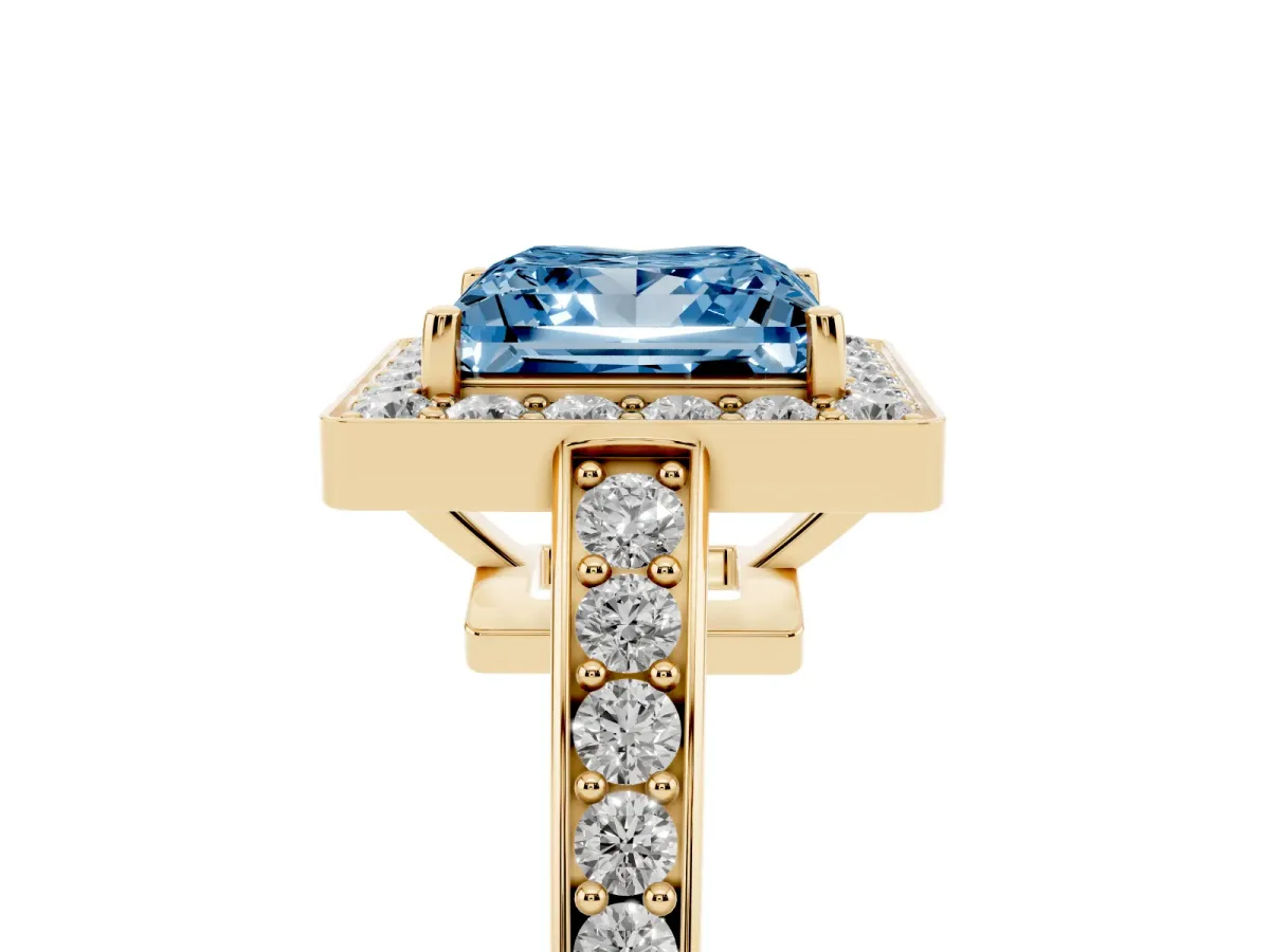 Fancy Blue Princess Cut Halo Pavé Diamond Engagement Ring with Bezel Setting Yellow gold