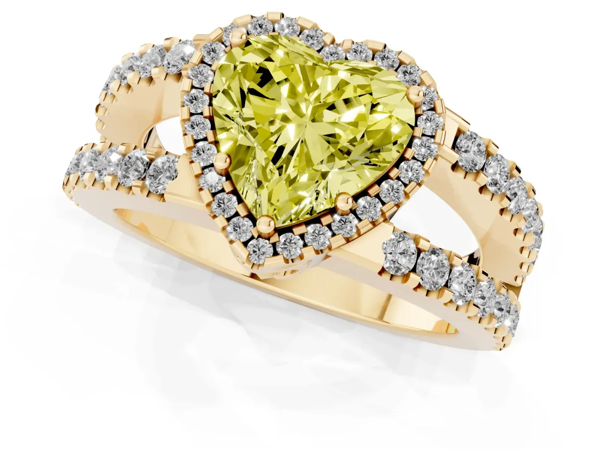 Fancy Yellow Heart Cut Cut Halo Split Shank Diamond Ring with Four-Prong Setting Yellow gold